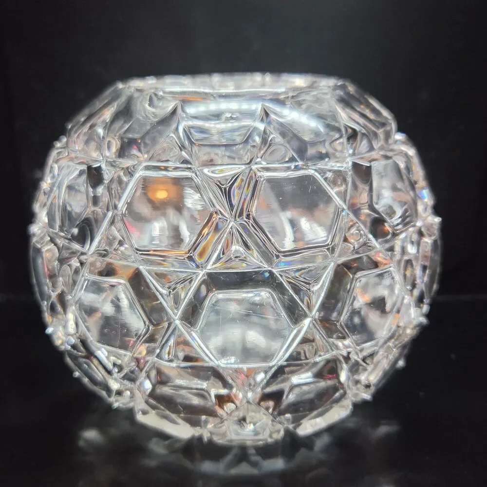 Vintage Heavy Geometric Glass Ball Vase Rose Bowl Hexagon Design 6